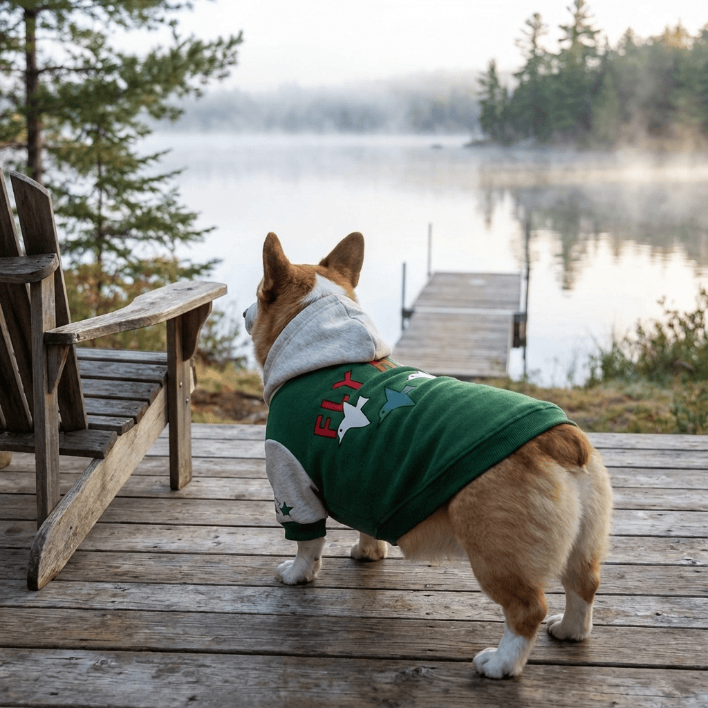 ChicPaw Korean Dog Hoodie on a Corgi by the lake, stylish and comfy, perfect for cooler days, designed by ChicPaw.