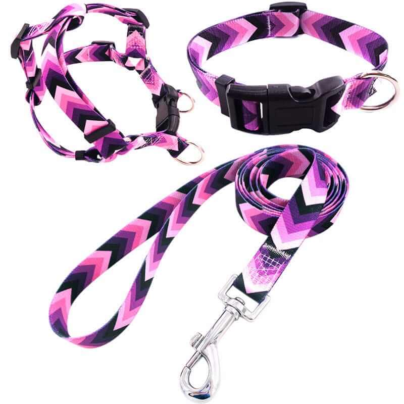 ChicPaws Dog Harness Set featuring adjustable harness, matching collar, and leash in a stylish chevron design.