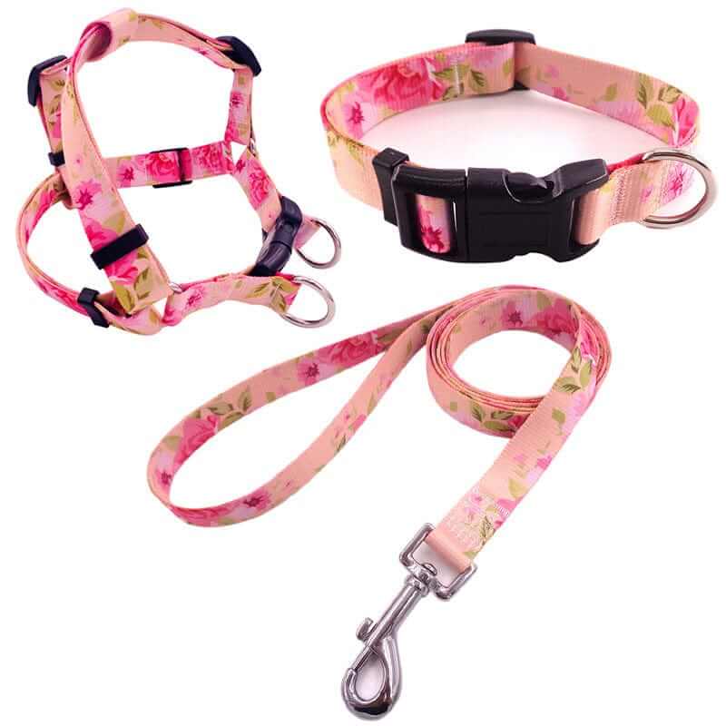 ChicPaws Dog Harness Set featuring adjustable harness, matching collar, and leash with floral design for style and comfort.