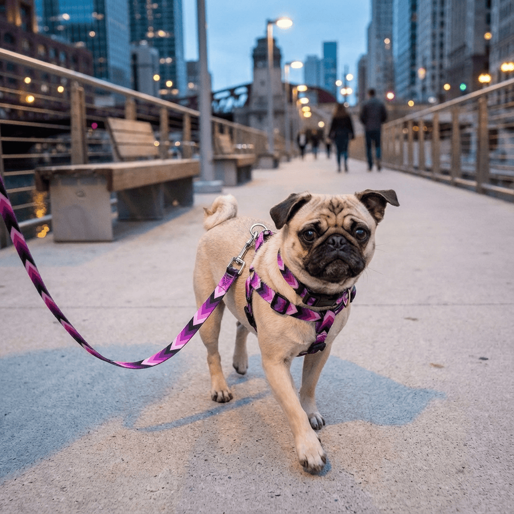 ChicPaws Dog Harness Set on a pug walking along a city path, showcasing style and comfort for dogs.
