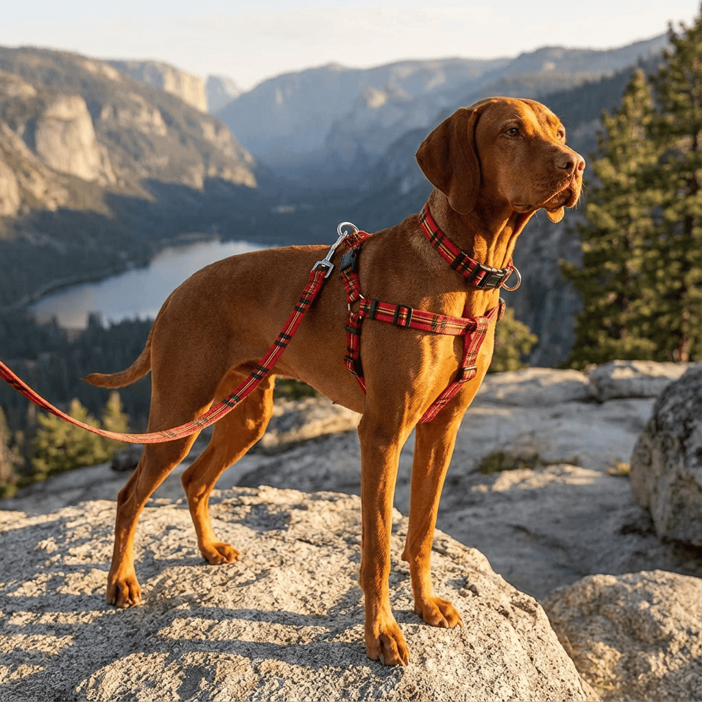 ChicPaws Dog Harness Set on a stylish brown dog enjoying a scenic hike with leash and harness.