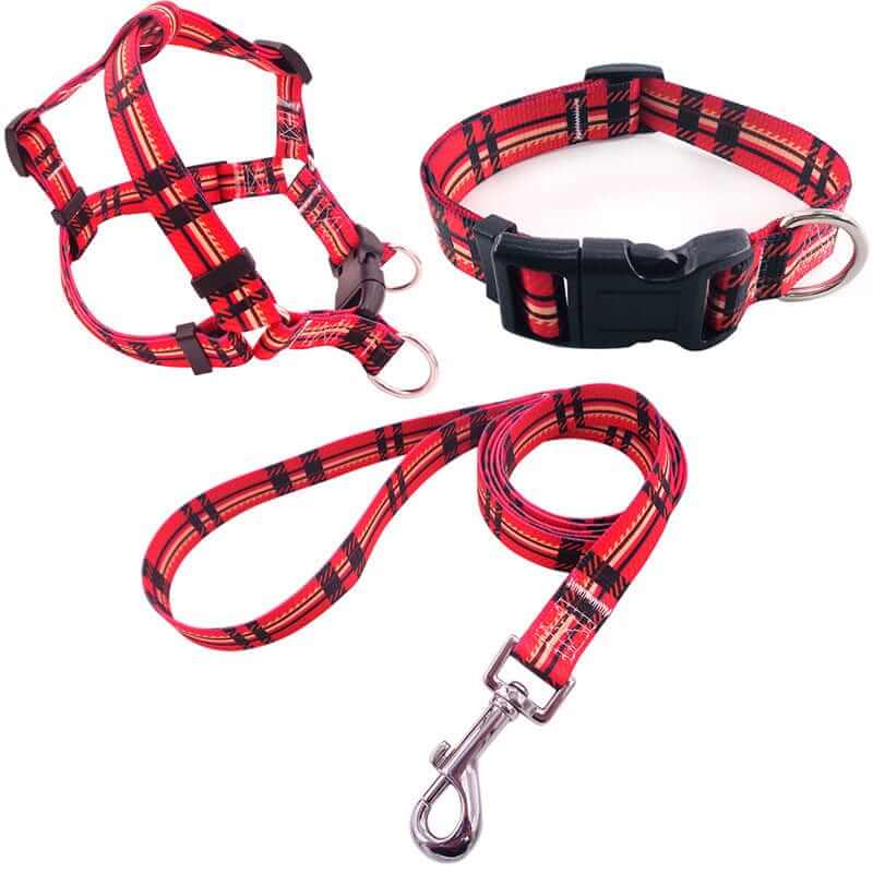 ChicPaws Dog Harness Set includes a stylish harness, collar, and leash in a red plaid design for dogs and cats.