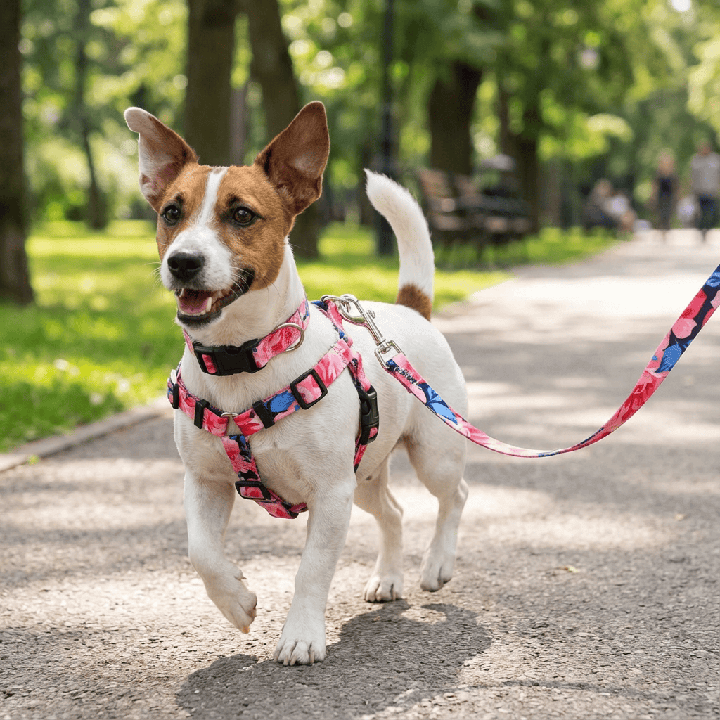 ChicPaws Dog Harness Set featuring a stylish pink harness, collar, and leash for dogs and cats.