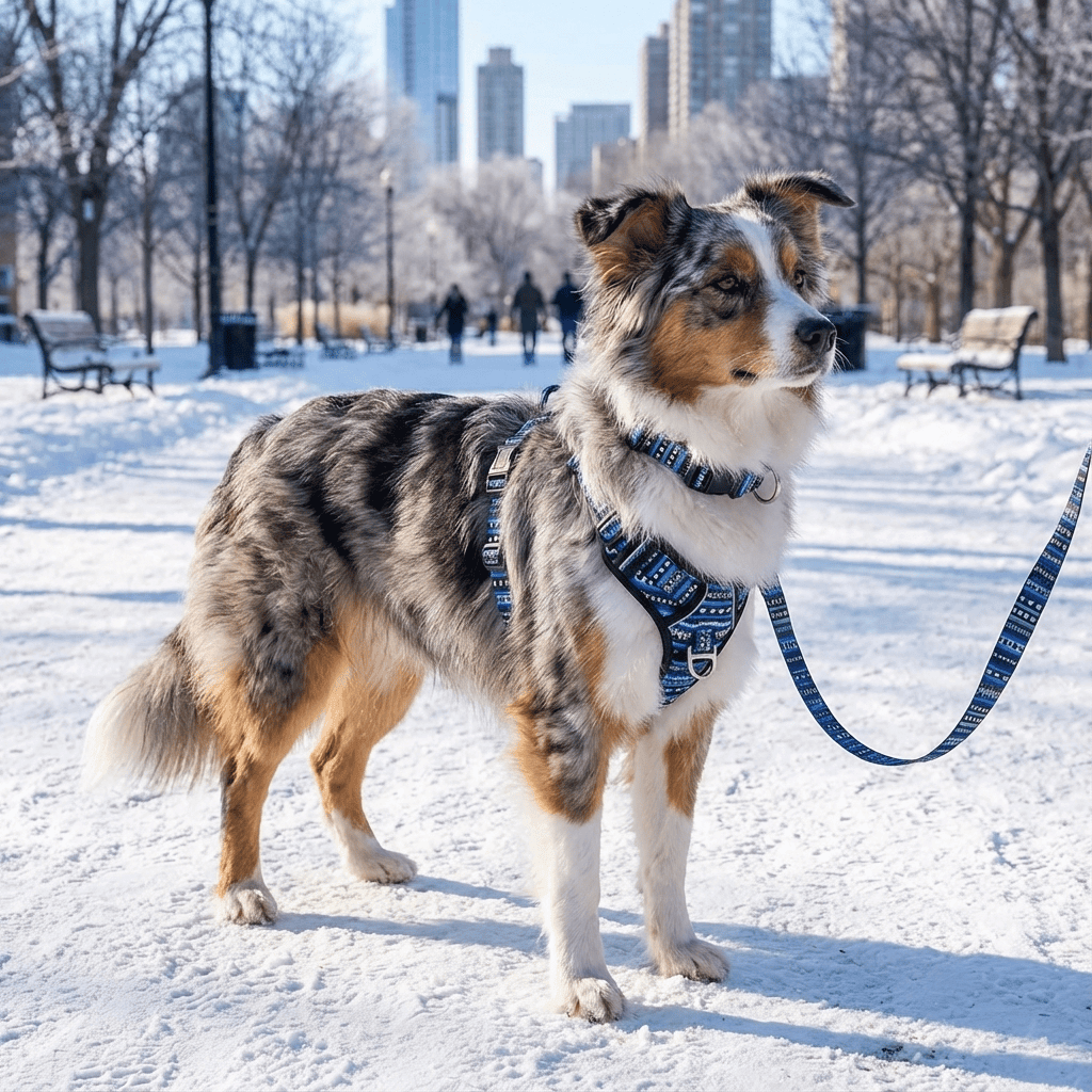 ChicPaws Dog Harness Set on an Australian Shepherd, showcasing stylish design and comfort features for dogs.