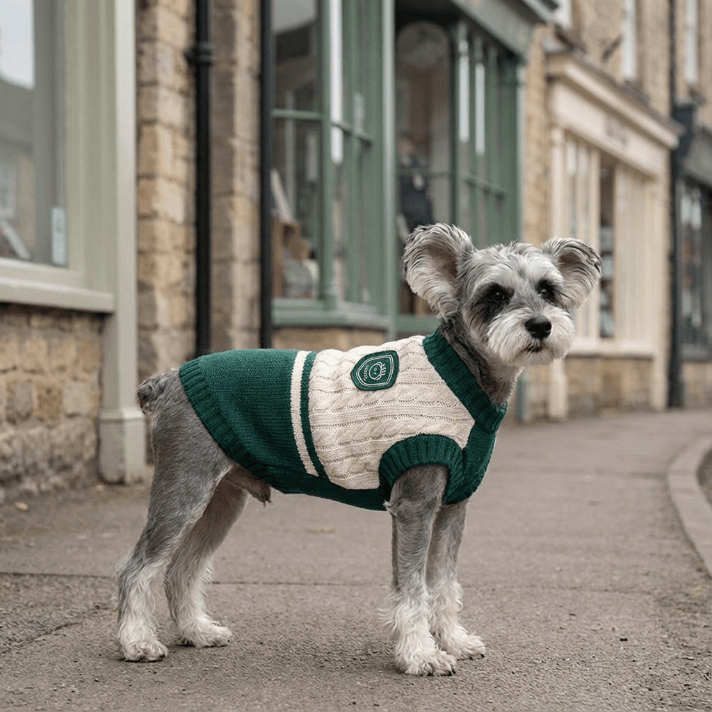 ChicPaws Preppy Dog Sweater on a small dog, featuring trendy preppy design, keeping dogs warm and stylish.
