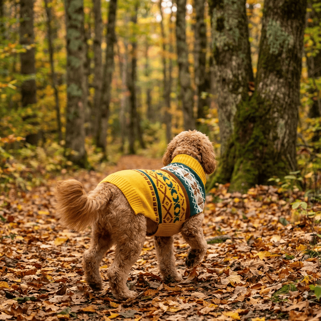 Dog wearing Christmas Pet Lapel Sweater in autumn forest, showcasing its ribbed collar and festive design.