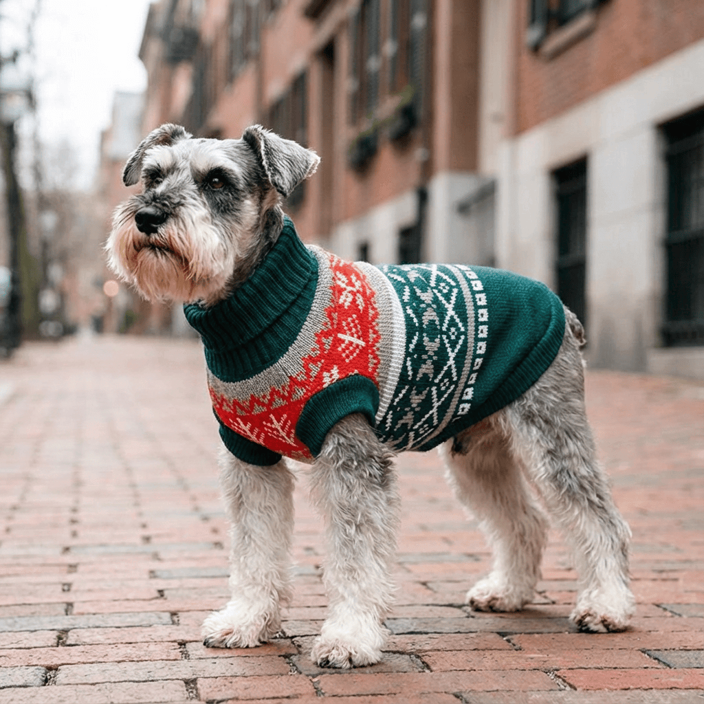 Christmas Pet Lapel Sweater on a dog featuring a classic ribbed collar, perfect for winter adventures.