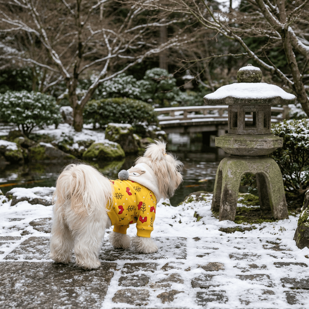 Christmas Tree Printed Dog Top on a fluffy dog in a snowy garden, featuring breathable cotton material, by Dogs & Cats.
