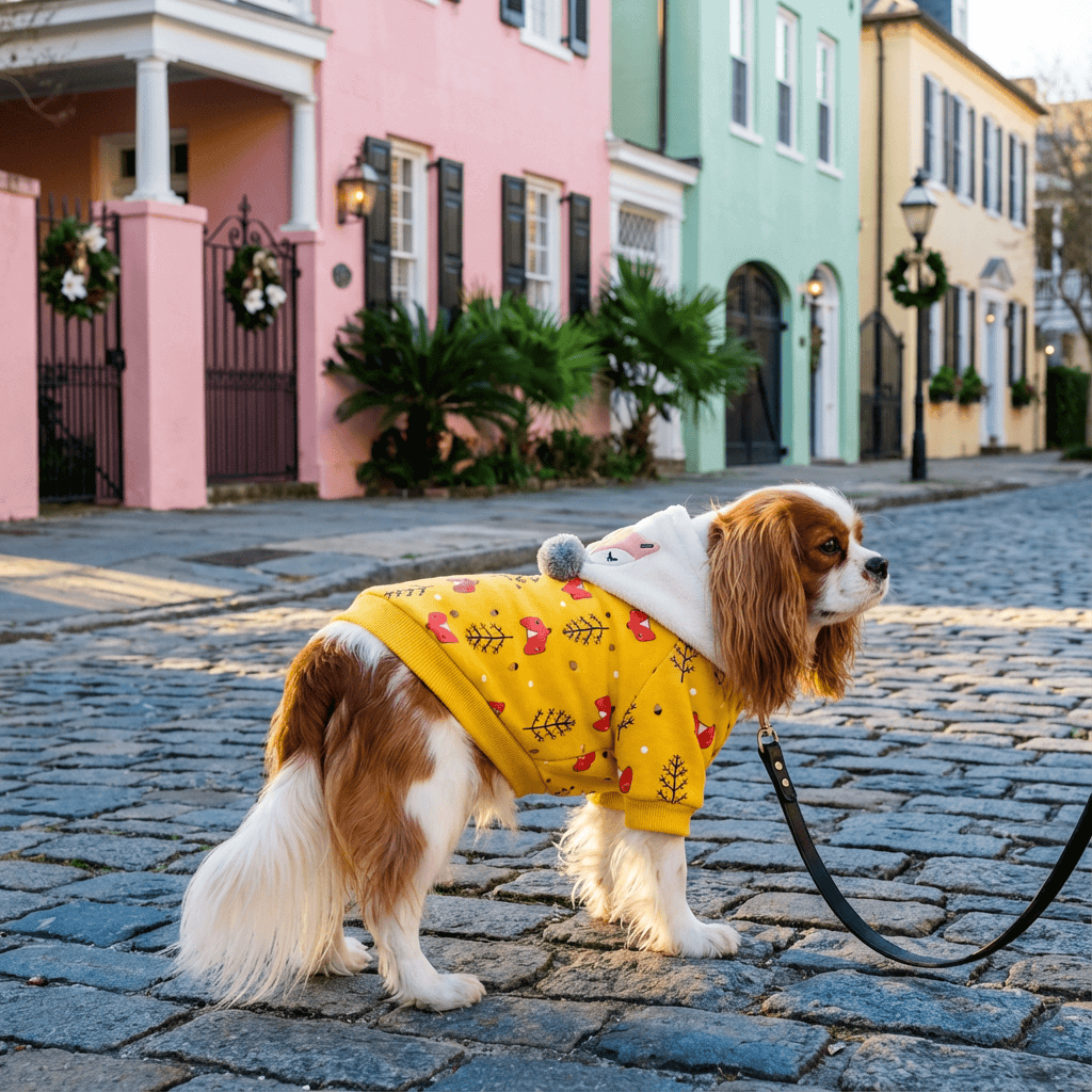 Christmas Tree Printed Dog Top on a dog walking in a charming street, featuring cotton material and breathable design by Dogs & Cats.