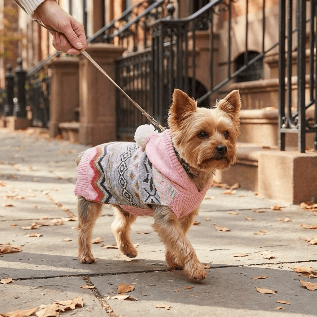 Classic Diamond Pet Sweater on a dog, showcasing warmth and style during an autumn walk. Perfect for Dogs & Cats.