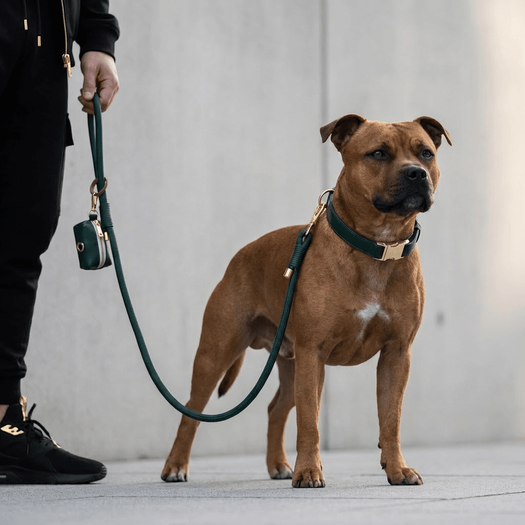 Classic Leather Dog Collar Set being used during a walk with a stylish dog on a leash, perfect for dogs of all sizes by Dogs & Cats.