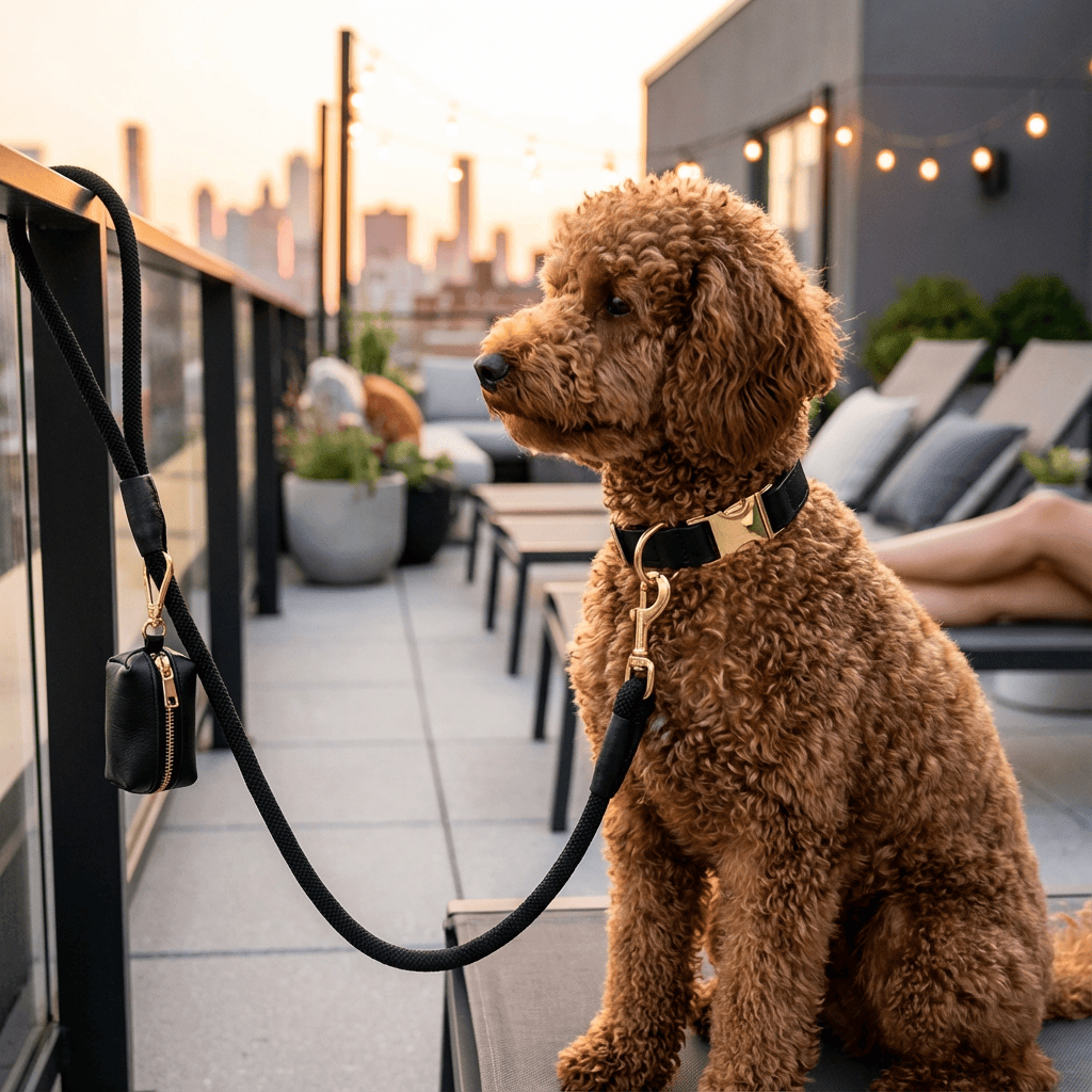 Classic Leather Dog Collar Set on a stylish dog, showcasing durability and elegance for every walk.
