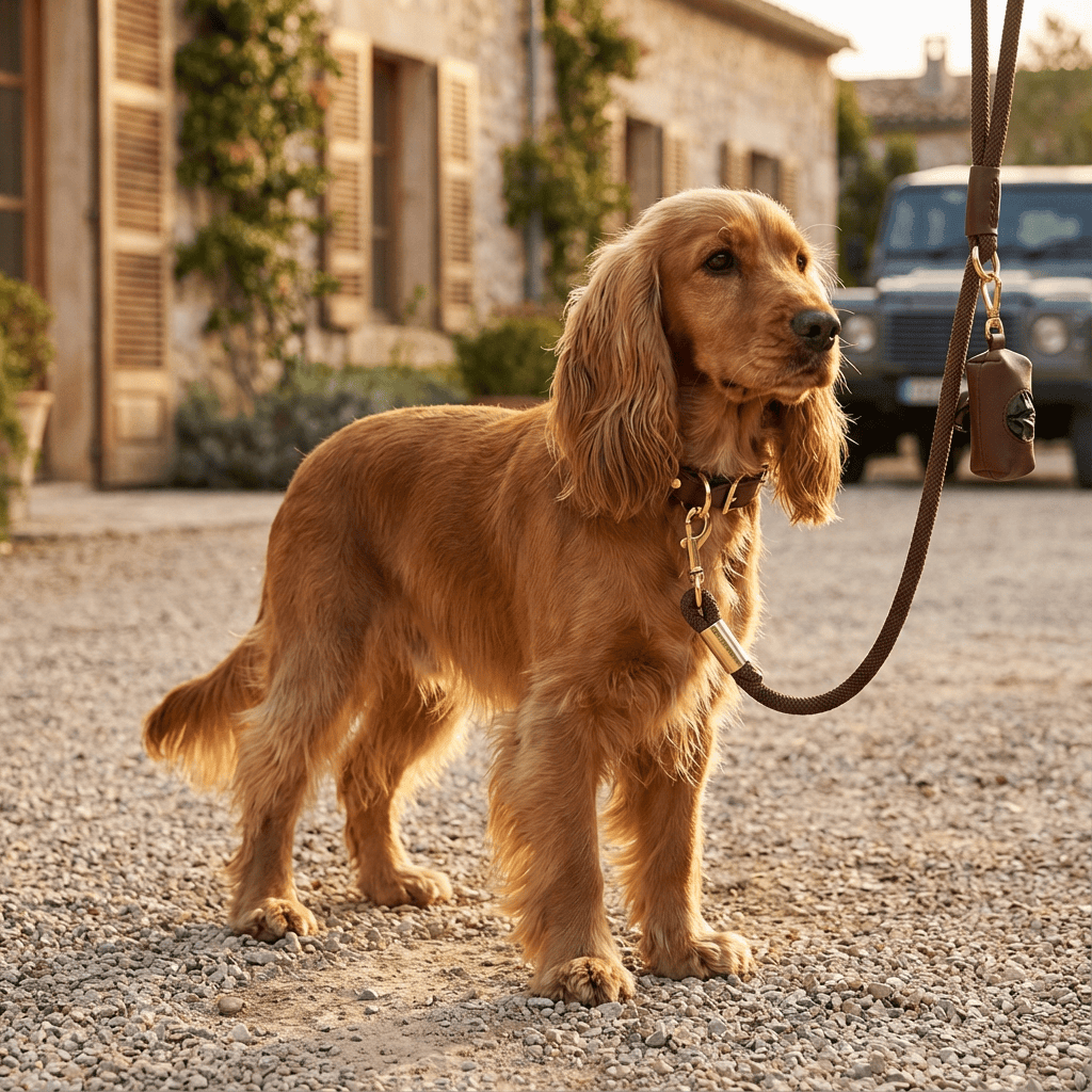 Classic Leather Dog Collar Set featuring a stylish golden retriever wearing a PU leather collar and leash.