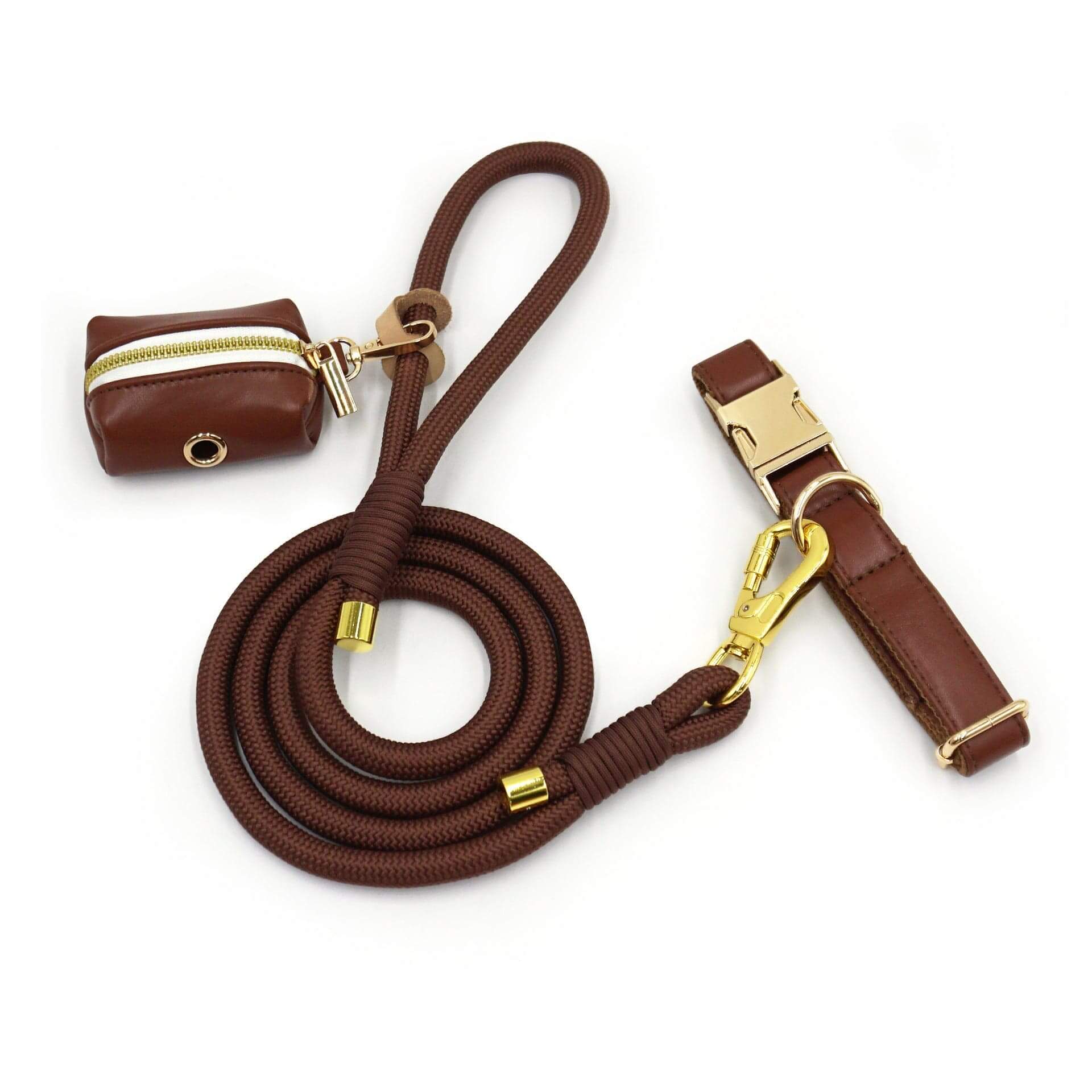 Classic Leather Dog Collar Set featuring durable PU leather collar, matching leash, and convenient poop bag holder for stylish walks.