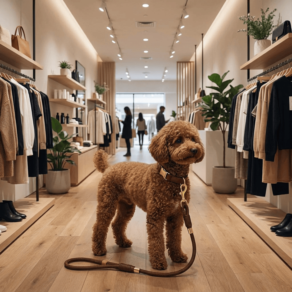 Classic Leather Dog Collar Set featuring a stylish dog in a modern store, highlighting its comfortable PU leather collar and leash.