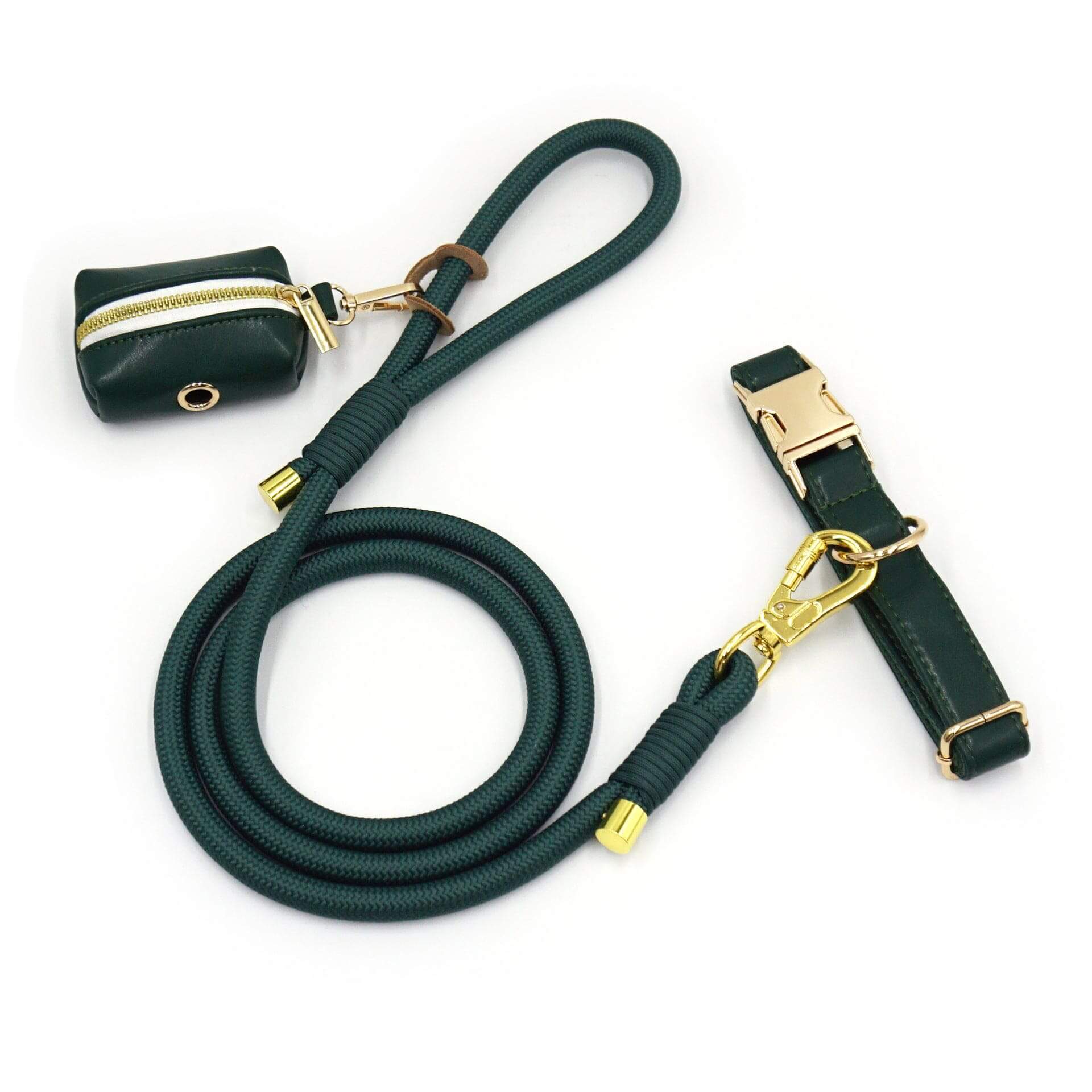 Classic Leather Dog Collar Set featuring durable PU leather collar, matching leash, and convenient dog poop bag holder.