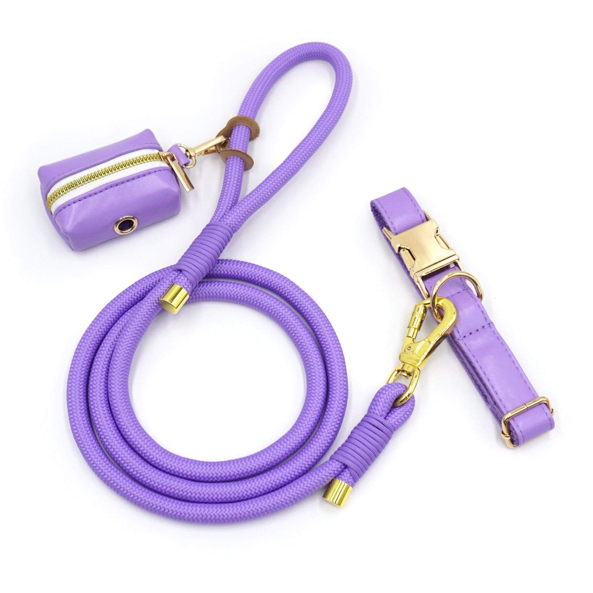 Classic Leather Dog Collar Set featuring purple PU leather leash, matching collar, and dog poop bag holder for dogs.