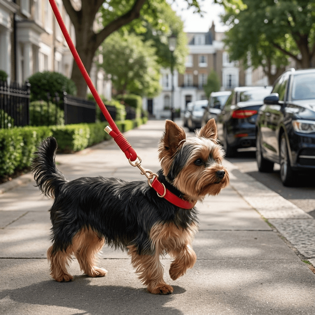A small dog wearing a Classic Leather Dog Collar Set, walking confidently down a tree-lined street with a red leash.