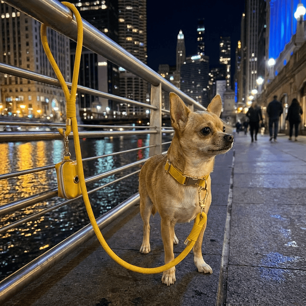 Classic Leather Dog Collar Set showcased on a small dog near waterfront, featuring stylish collar, matching leash, and poop bag holder.
