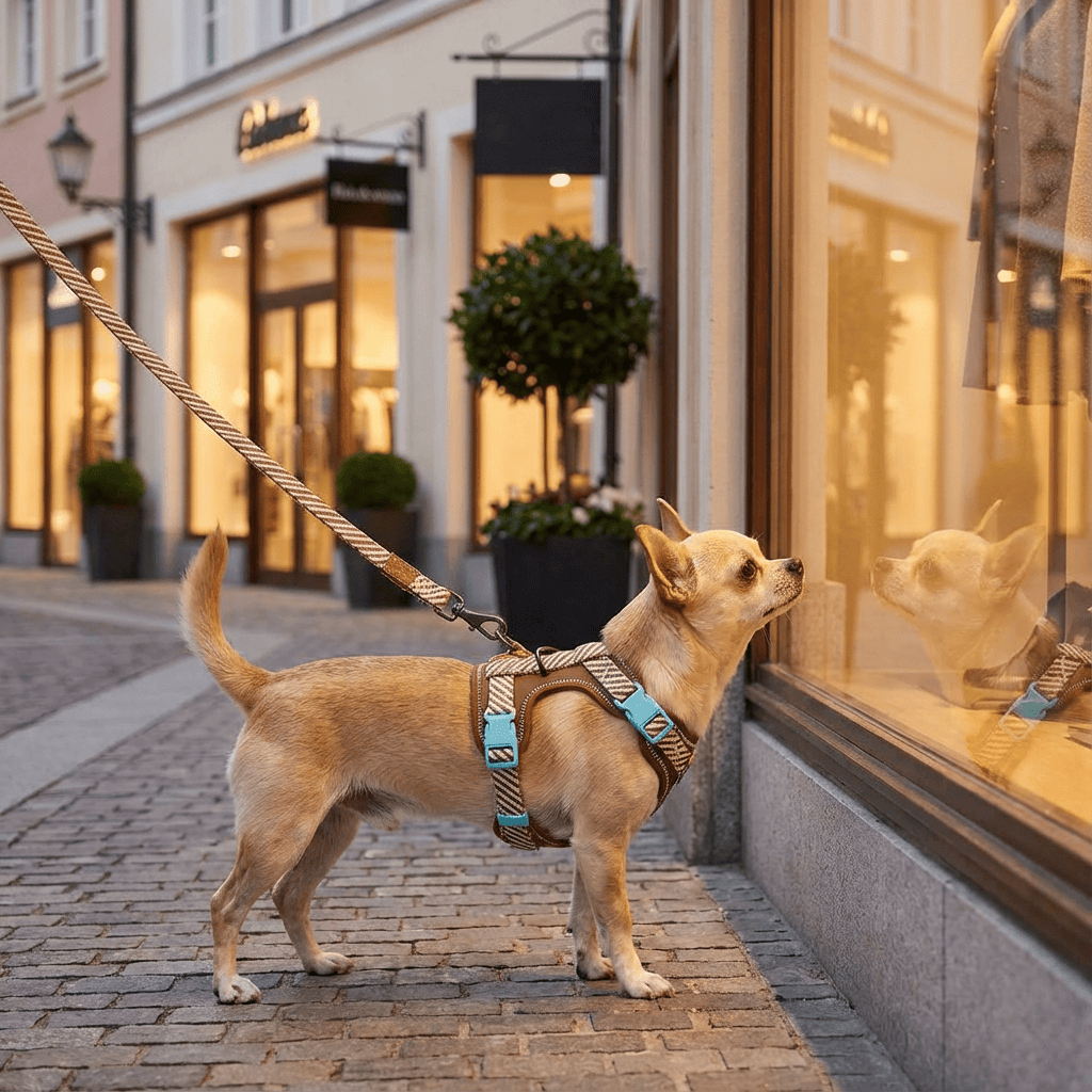 Classic Plaid Comfort Pet Harness Set on a small dog looking into a store window, showcasing comfort and style.