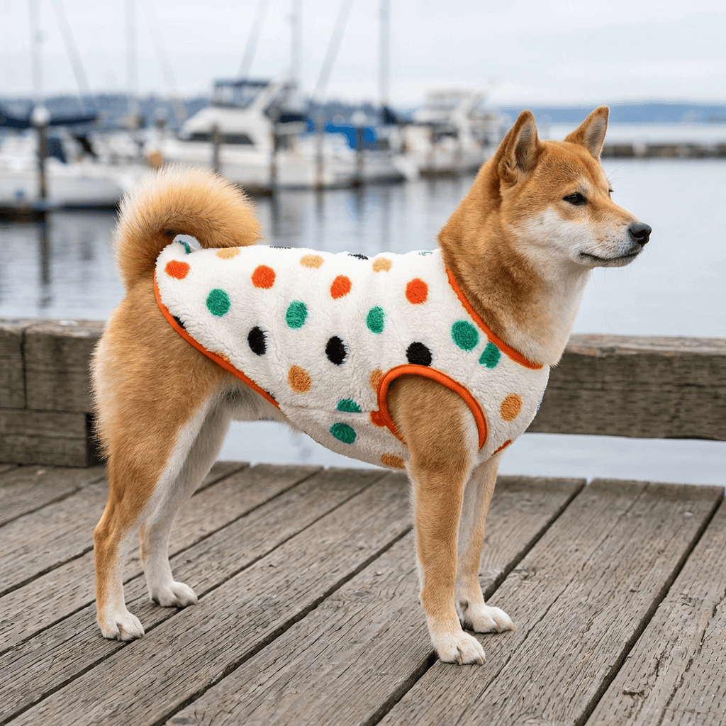 Dog wearing a CloudFleece Comfort Vest, an ultra-soft fleece jacket with polka dots, perfect for cozy autumn walks.