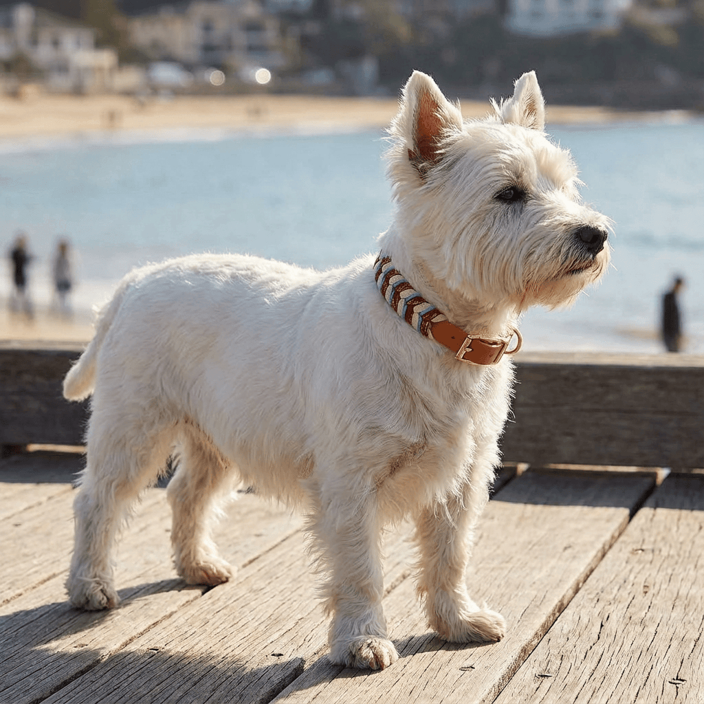 ColorSplash Handmade Dog Collar on a fluffy white dog by the beach, showcasing vibrant design and adjustable fit.