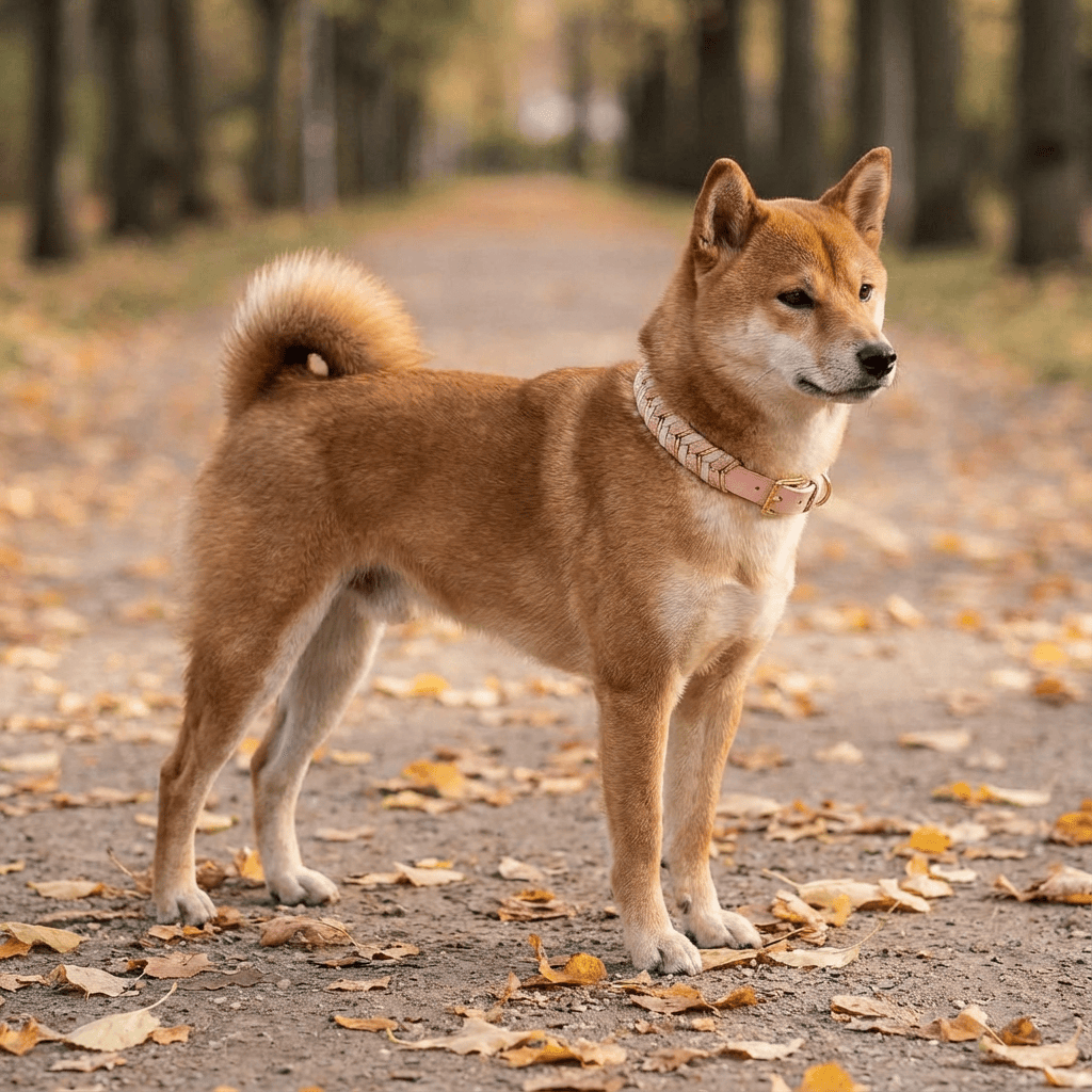 Shiba Inu wearing a ColorSplash Handmade Dog Collar, standing confidently on a leaf-covered path in autumn.
