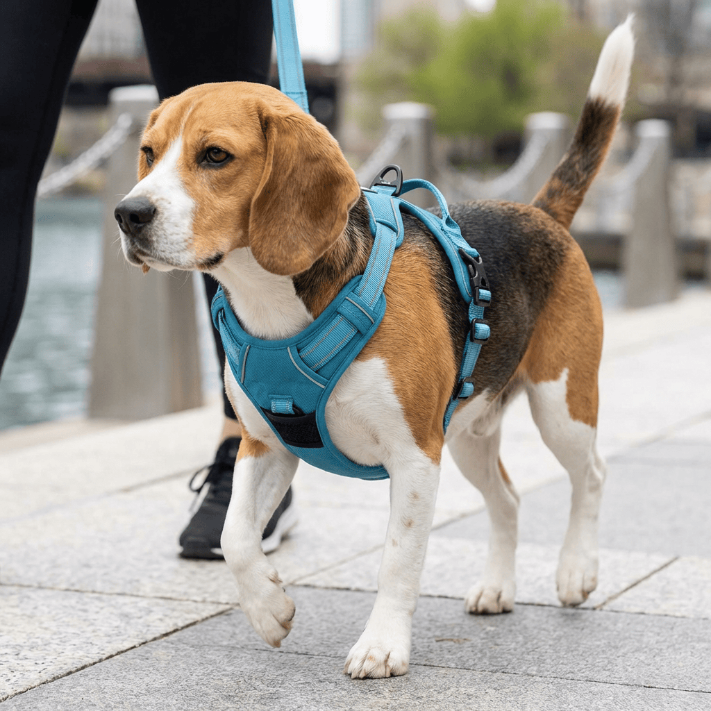 Comfortable Safety Harness for Dogs on a Beagle during a walk by the water, showcasing the premium quality design.