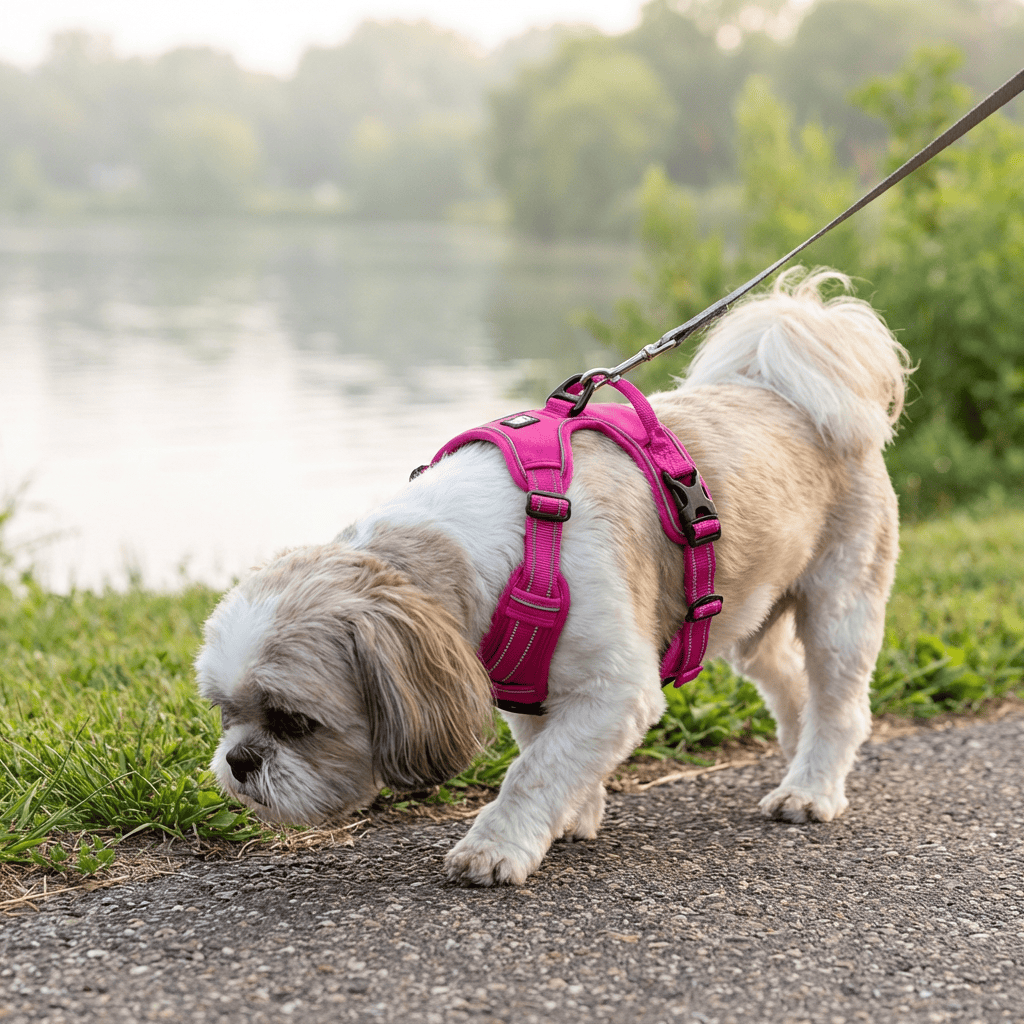 Comfortable Safety Harness for Dogs on a Shih Tzu enjoying a walk by the water with a leash.