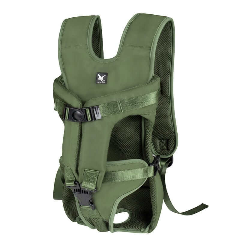 ComfortCarry Pet Backpack in green, breathable harness for dogs and cats, ideal for outdoor adventures.