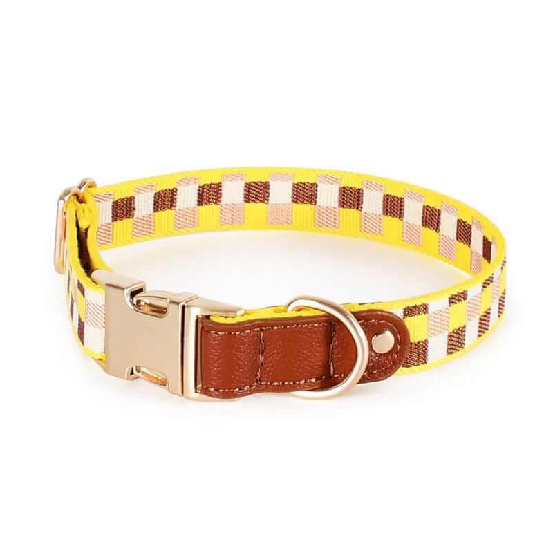 ComfortFit Dog Harness, Leash & Collar yellow checkered dog collar with brown leather and buckle for style and comfort.