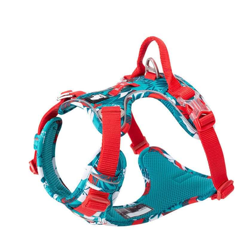ComfortGuard No-Pull Dog Harness in teal and red design, featuring durable nylon, reflective stitching, perfect for dogs.