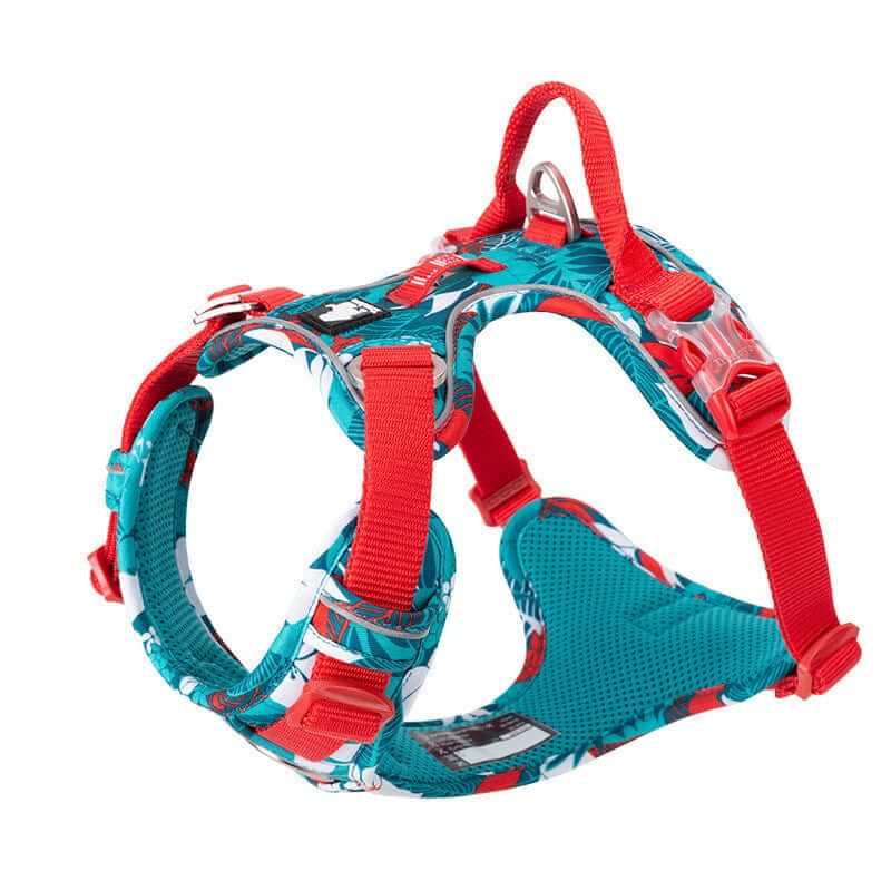 ComfortGuard No-Pull Dog Harness with vibrant design, soft nylon, reflective stitching for safety and comfort for dogs.
