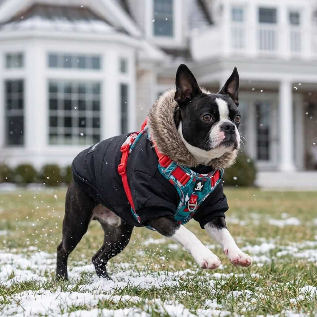 ComfortGuard No-Pull Dog Harness on a Boston Terrier running in snow, featuring a stylish design and durable materials.