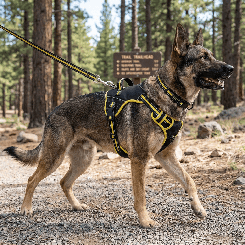 ComfyControl Reflective Dog Harness on a dog in nature, showcasing comfort, safety features, perfect for dogs and cats.