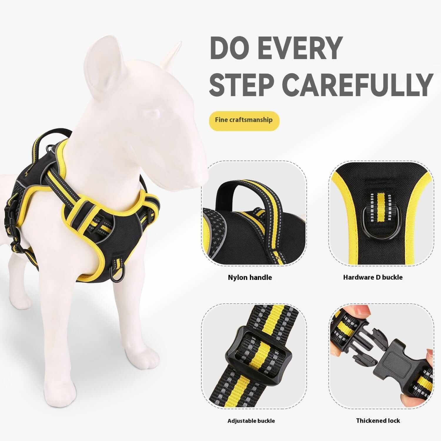 ComfyControl Reflective Dog Harness with nylon handle, adjustable buckle, hardware D buckle features for dogs.
