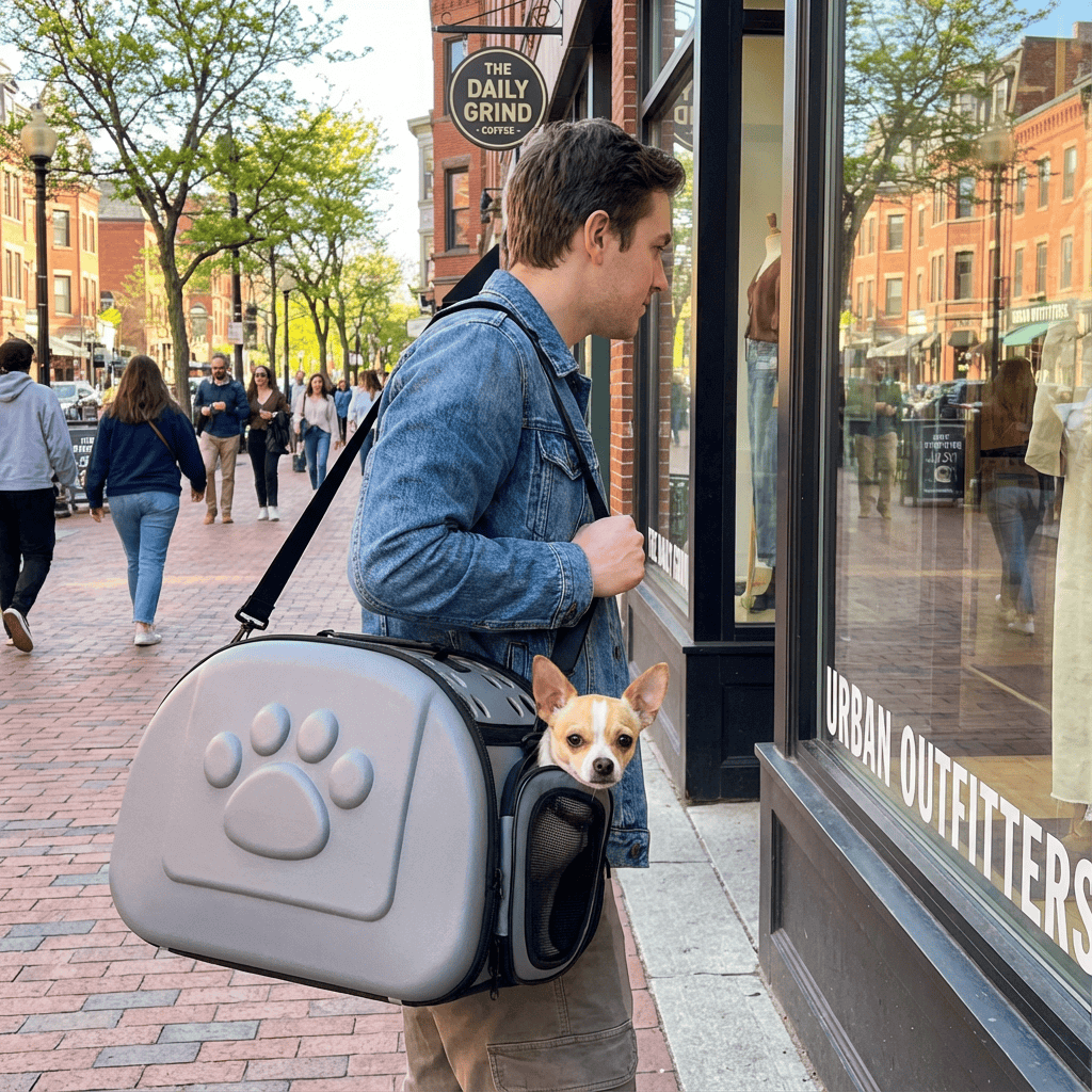 Compact Travel Pet Carrier being carried by a man with a small dog, showcasing convenience and style for pet travel.