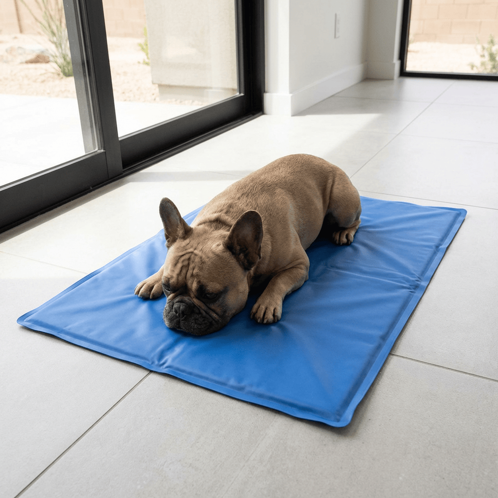 Dog resting on a Cool Teddy Mattress for Pets, a cooling mat designed for comfort in hot conditions.
