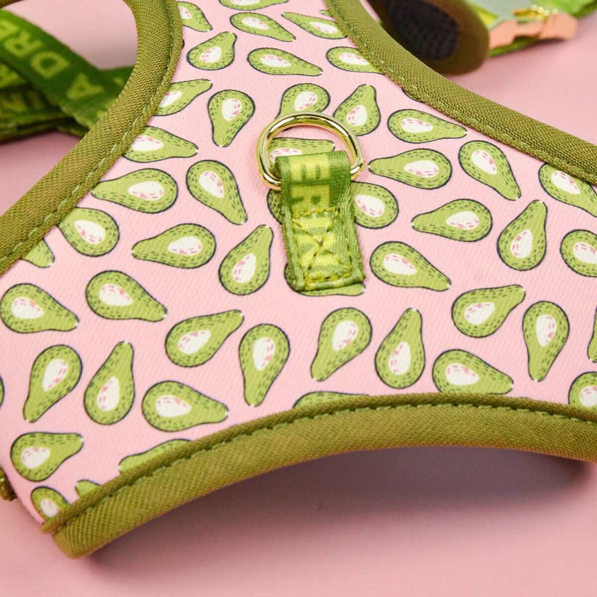 CoolStride Dog Harness with avocado pattern, breathable materials for dogs, comfortable summer walks.
