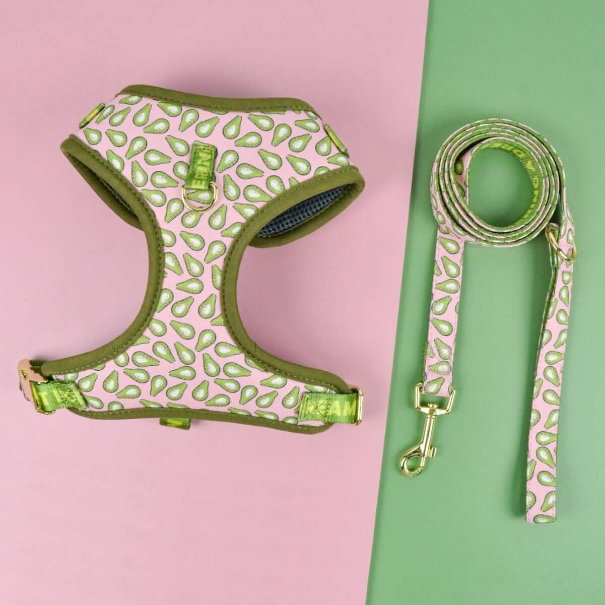 CoolStride Dog Harness in pink and green pattern with matching leash; breathable, lightweight design for dogs.