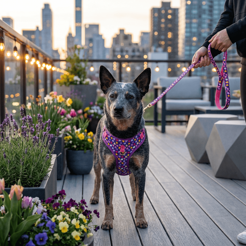 CoolStride Dog Harness featuring a stylish, breathable design on a dog ready for summer walks in an urban setting.