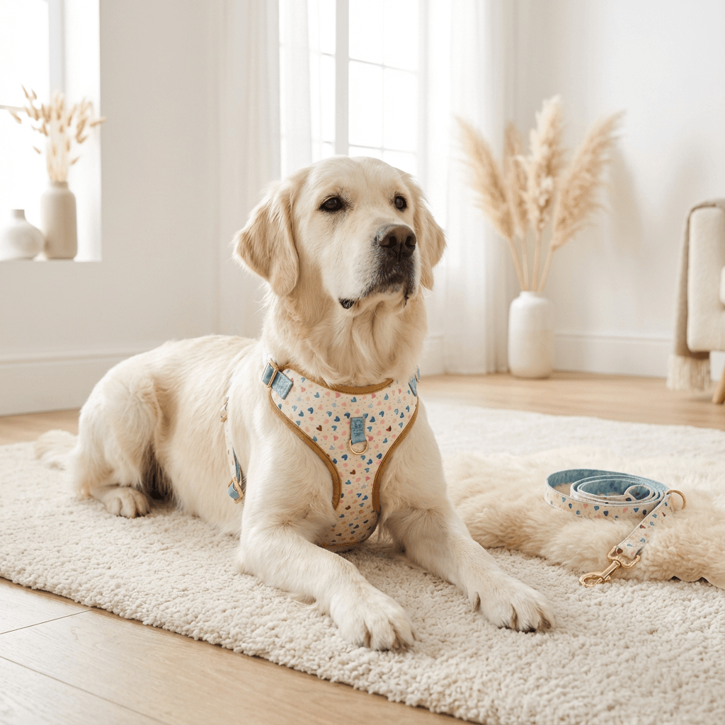 CoolStride Dog Harness on a Labrador retriever, breathable summer harness for dogs & cats, featuring a secure fit and lightweight material.