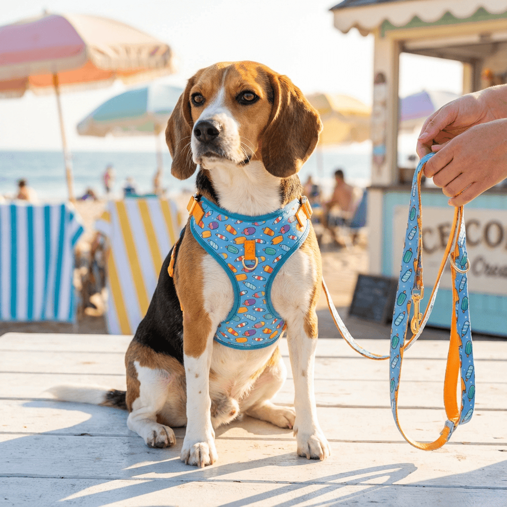 CoolStride Dog Harness on a Beagle outdoors, featuring a breathable design for comfort in warm weather.