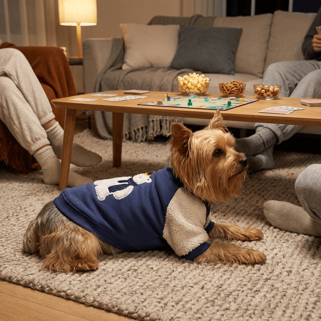 Cozy Bear Dog Hoodie worn by a small dog sitting on a rug during a cozy game night with people.