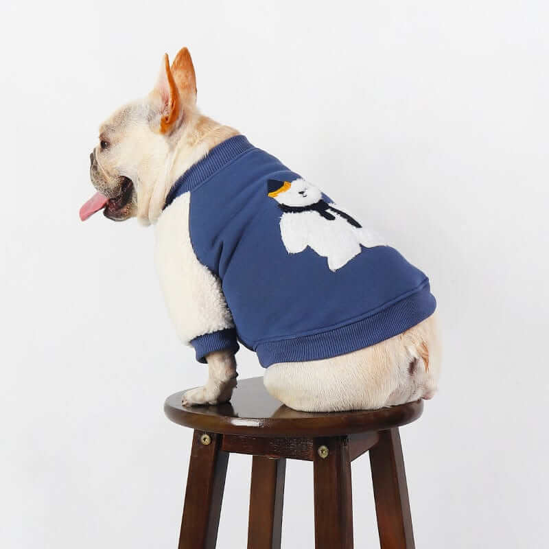 Cozy Bear Dog Hoodie on a French Bulldog, showcasing adorable design and comfort for dogs in winter.