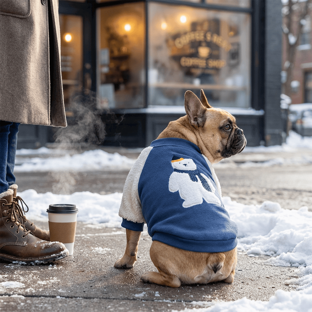 Cozy Bear Dog Hoodie on a French Bulldog in winter outside a coffee shop, featuring an adorable bear design.