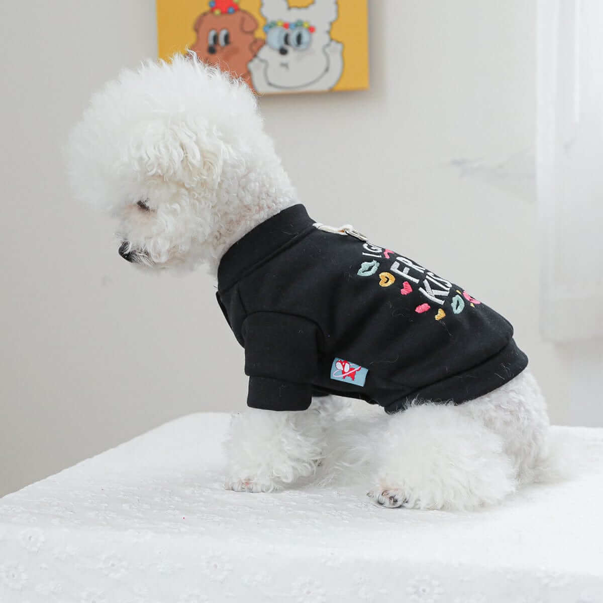 Cute dog wearing Cozy Free Kisses Dog Hoodie showcasing playful lettering, perfect for chilly days. Dogs & Cats brand.