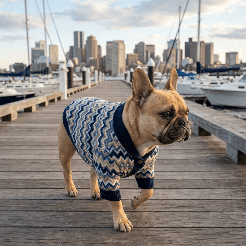 Cozy French Bulldog Fall & Winter Cardigan on a French Bulldog in a stylish outdoor setting with skyline.