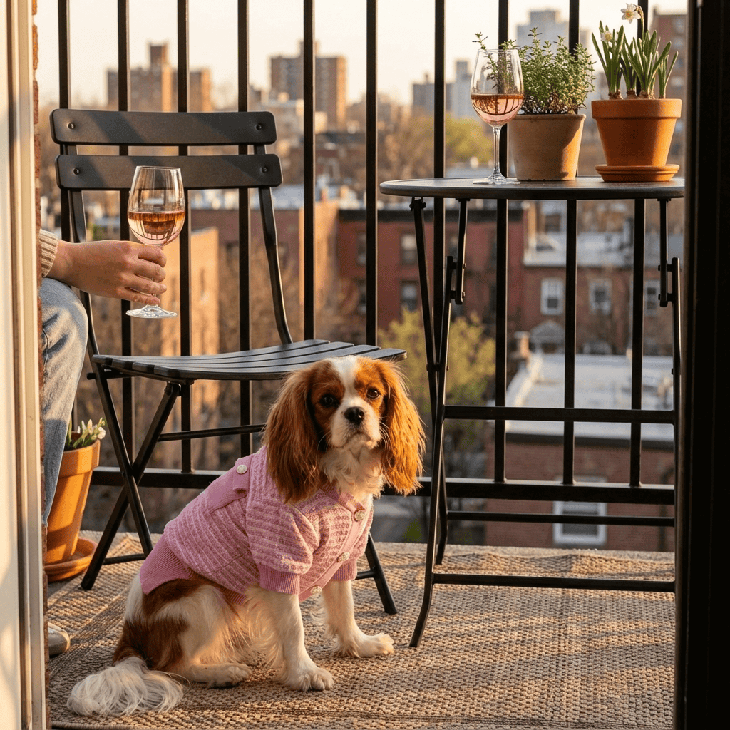 Cozy Frenchie Knit Fall Winter Dog Sweater on a Cavalier King Charles Spaniel lounging on a balcony.