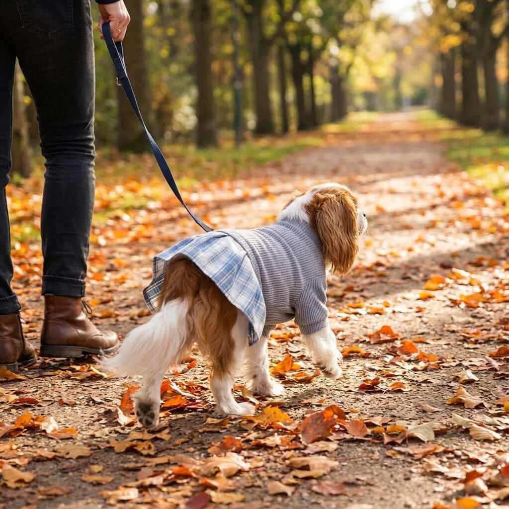 Cozy Plaid Dog Dress on a small dog walking in autumn leaves, featuring soft ribbed knit and plaid skirt.